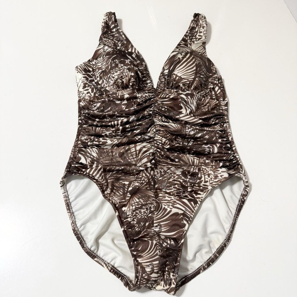 Miraclesuit Swimsuit Womens 12 Brown Tropical Print Ruched One Piece Swimwear